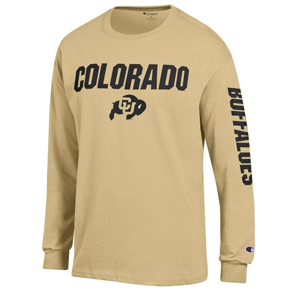 A vegas gold long sleeve t-shirt with Colorado written in bold black lettering and a C-U buffalo logo beneath, and buffaloes written along the left arm.